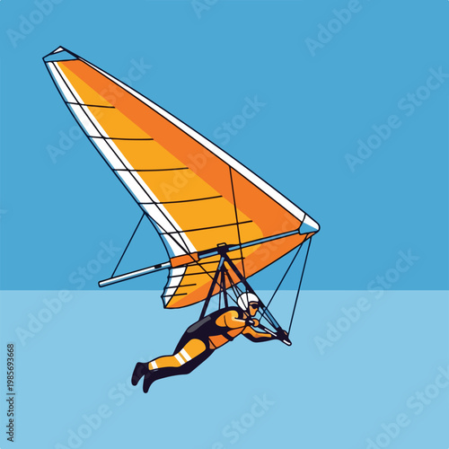 A person wearing a white helmet flying a bright orange hang glider in the sky