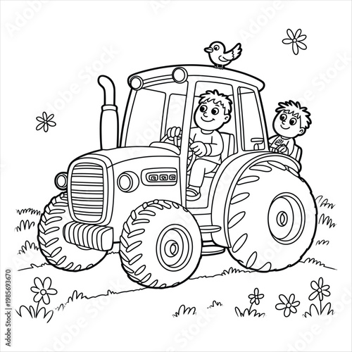 Happy children driving a farm tractor in the field with a little bird
