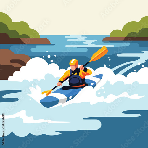 A person in a blue kayak paddles through rushing white water on a river