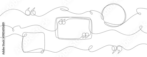Continuous one line art quote frame. Hand drawing text box with commas, quotation mark. Doodle linear speech bubble silhouette circle, square, rectangle shapes. Outline simple dialog icon with quotes