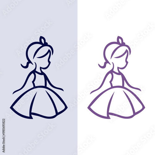 Logotipo de boutique de moda infantil. Dibujo minimalista con líneas de una niña con una diadema y un vestido de princesa 