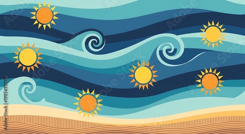 Cartoon ocean waves with sunny sky, beach scene, summer background, illustration