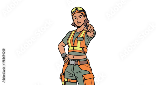 An illustrated woman in a high-visibility safety vest points towards the viewer
