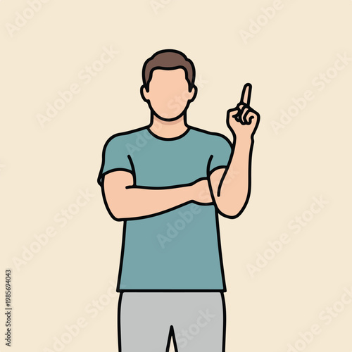An illustration of a man with brown hair pointing his index finger upward