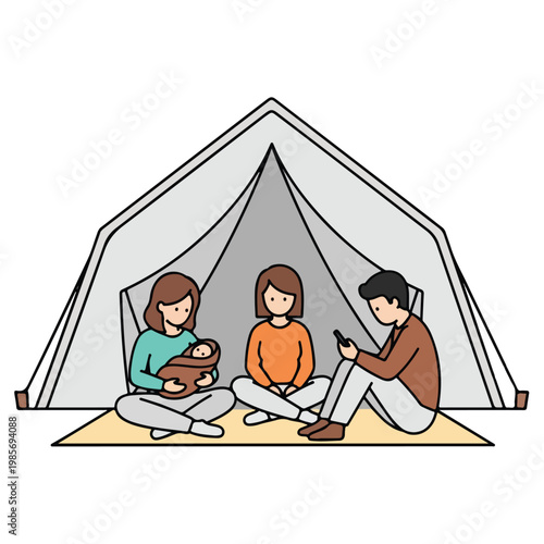 A family sits inside a tent, mother holding a baby while father checks a phone