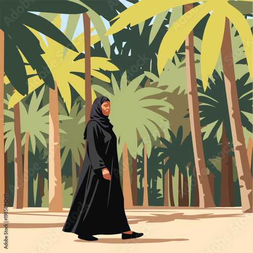A woman in an abaya walks through a sunlit tropical palm tree forest grove