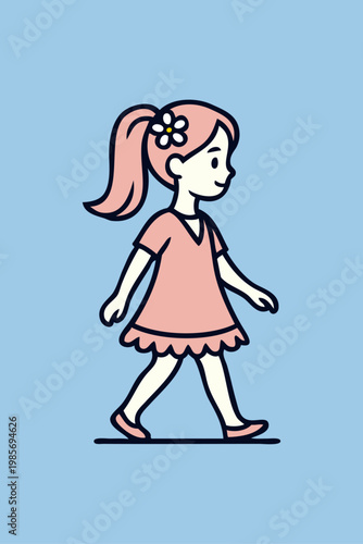 Logotipo de boutique de moda infantil. Dibujo minimalista con líneas de una niña contenta andando, con el cabello adornado con una flor margarita 