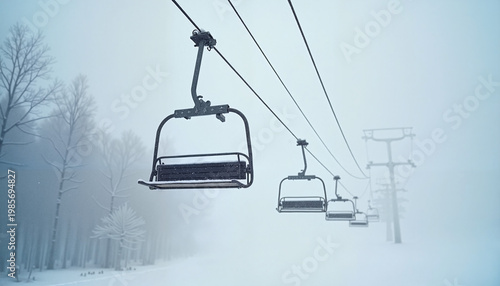 Ski lift in snowy landscape during winter fog
