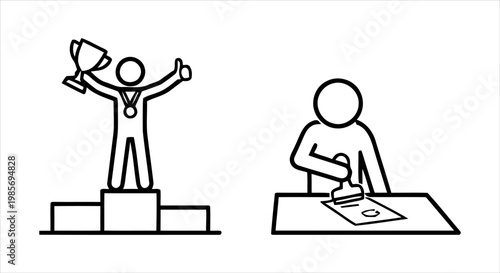Award winner on podium and person stamping document with seal