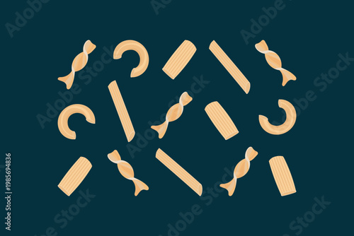 Modern flat design featuring various pasta shapes. Creative template for Italian restaurant menu, food packaging, or cooking blog.
