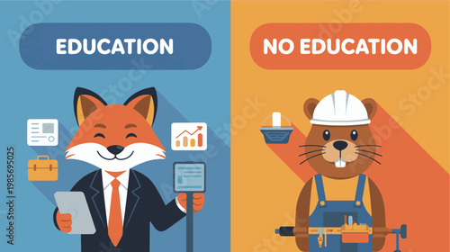 Fox in a business suit holding a tablet and a beaver construction worker with a power tool demonstrate the distinction between professional and trade careers.
