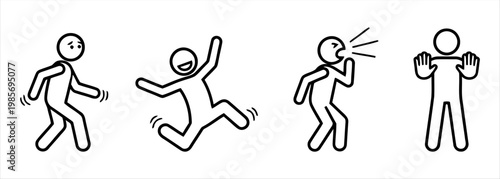 Set of simple icons representing people in different poses and emotions