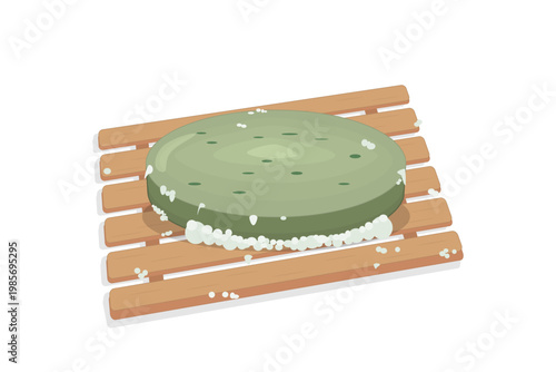 Organic shampoo bar on wooden dish. Zero waste hair care. Natural solid shampoo bar resting on bamboo drainage dish. Eco-friendly lifestyle, organic cosmetic and plastic-free beauty products. Vector