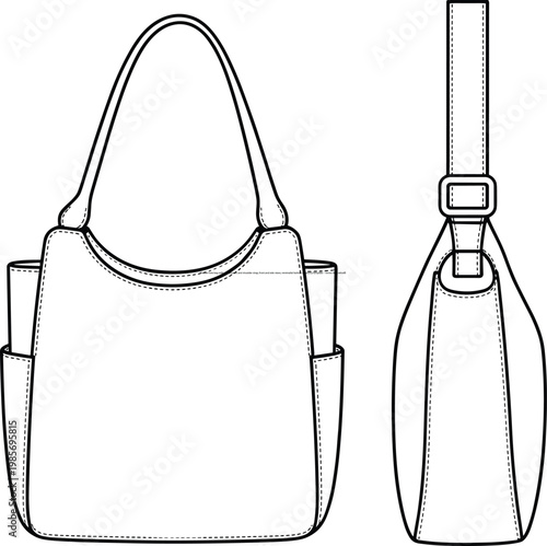 Women tote bag with side pockets and shoulder strap, front and side views, minimalist fashion accessory template – vector illustration