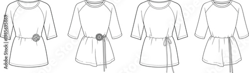 Women tunic dress set with waist tie detail, front views, casual minimalist fashion apparel template – vector illustration
