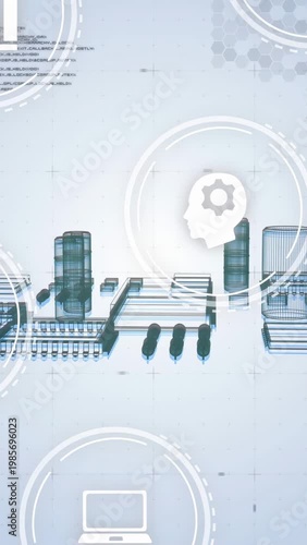 Vertical video: HUD rings appearing over wireframe circuit city, rotating chip to highlight study