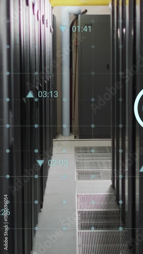 Server aisle moving as camera moving forward tilting, HUD grid monitoring power and cable for IT