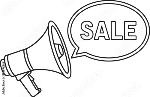 Black and white line drawing megaphone with sale speech bubble