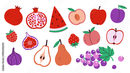 A set of various fruits and halves. Vector graphics.
