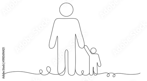 One-line illustration of a father holding his child's hand. Vector image with a white background. International Children's Day
