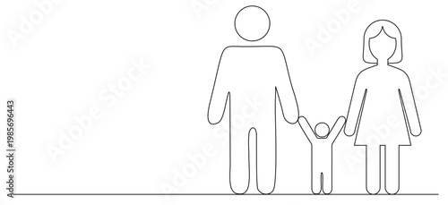 One-line illustration of a father and mother holding their child's hand. Vector image with a white background. International Children's Day