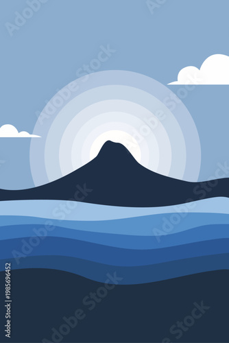 Logo agencia de viajes. Dibujo sencillo de un paisaje nocturno con las siluetas de la luna detrás de una montaña y una playa con olas de mar