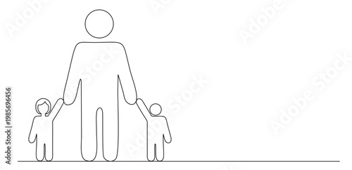 A one-line illustration of a father holding his two children's hands on the right and left. Vector image with a white background. International Children's Day