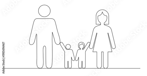 One-line illustration of a father and mother holding the hands of a boy and a girl. Vector image with a white background. World Children's Day