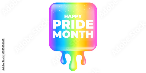 Happy Pride Month lettering on vibrant background. Rainbow dripping paint effect with white Happy Pride Month typography. Modern vector graphic for LGBTQ community support and June seasonal events