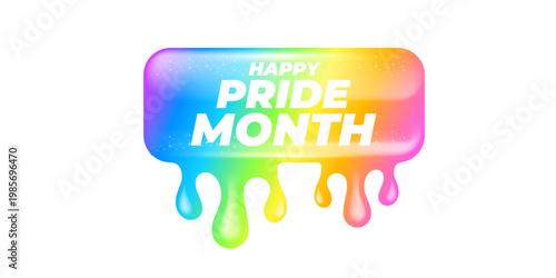 Happy Pride Month lettering on vibrant background. Rainbow dripping paint effect with white Happy Pride Month typography. Modern vector graphic for LGBTQ community support and June seasonal events