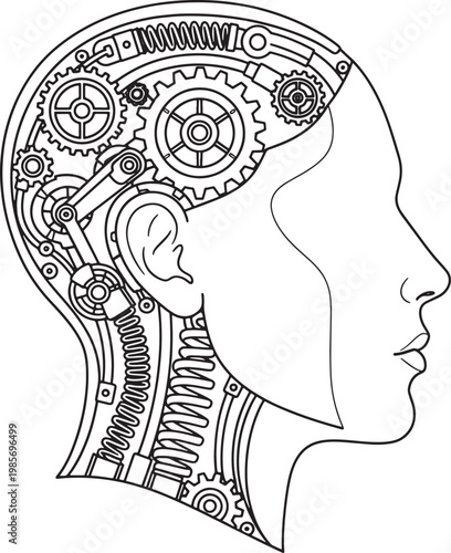 Mechanical human head with gears and springs inside brain