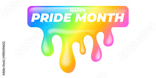 Happy Pride Month lettering on vibrant background. Rainbow dripping paint effect with white Happy Pride Month typography. Modern vector graphic for LGBTQ community support and June seasonal events