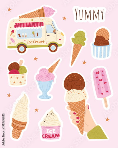 Ice cream sticker set with summer desserts and sweet food elements. Ice cream truck, waffle cones, popsicles, gelato and hand holding cone. Cute collection for packaging, menu and kids design.