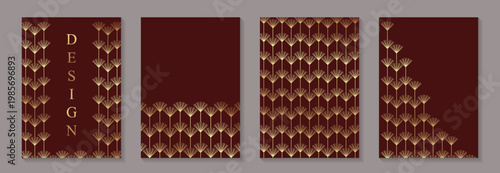 Modern geometric luxury backgrounds in art deco style for business or greeting cards with golden flowers on red.