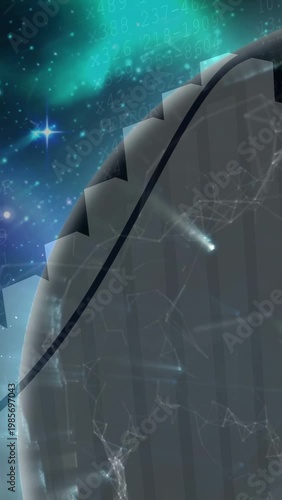 Vertical video: Planet rotating, panels aligning to flare revealing pulsing lights for tech network