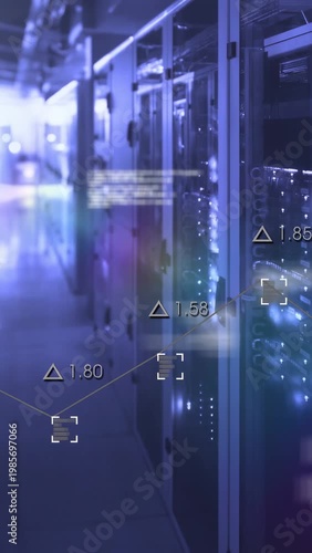 Vertical video: Server racks showing LEDs, HUD markers moving while flare causing blur for tech ops