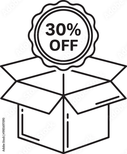 Discount offer label on open cardboard box icon  sale and shopping concept