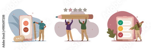 Flat illustration shows three teams celebrating success. Each group lifts a symbol of achievement. People smile, showing pride and joy. Perfect for business, performance, or progress themes