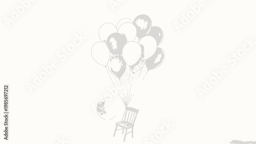 Surreal Pencil Sketch of a Simple Wooden Chair Floating Freely Through a Starless Sky Tethered to a Cluster of Shaded Balloons, With a Crescent Moon Visible Nearby