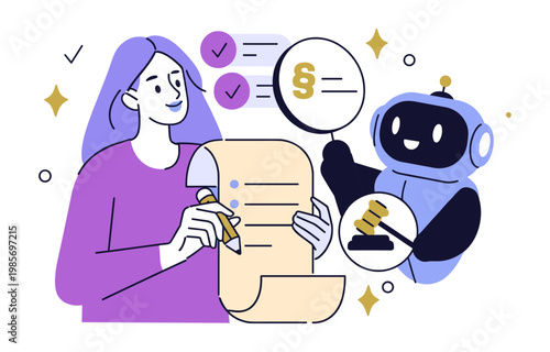 Woman smiles while reviewing a legal document. Friendly robot gestures beside her, holding a gavel. Icons float near them: check marks, a dollar sign, and a scale
