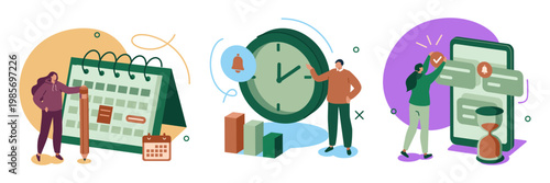 Illustration shows three productivity scenes. Left: Person marks calendar dates with a red pencil. Middle: Man adjusts oversized clock, signaling time management. Right: Person taps smartphone apps