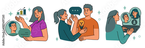 Two people collaborate, sharing ideas through tech and gestures. One holds a tablet, while the other gestures toward a chart. They smile, showing teamwork and enthusiasm