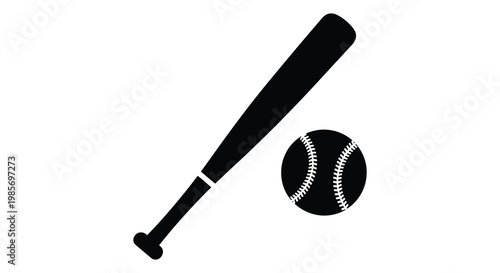 A black silhouette depicting a baseball bat positioned diagonally above a patterned baseball silhouette high quality professional detailed