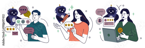 Three people interact with chatbots. Each holds a device or gesture. They show approval, curiosity, and focus. Chatbots display ratings and feedback. Ideal for customer service or AI support