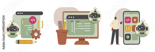 Vector illustration shows tech tools and robots. Robot icons assist with coding and settings on devices. Person observes a smartphone screen with interactive icons. Devices display data, code
