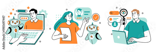 Three people work with robots and digital tools. Each person interacts with technology using laptops or tablets. One uses a magnifying glass to inspect data