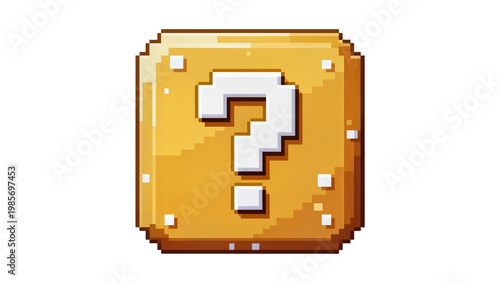 Pixelated golden question mark block iconic retro video game item, isolated on transparent background