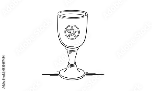 Ritual bowl with pentagram, continuous line drawing, esoteric symbol minimalist line art. Magic ritual outline. Vector Illustration on white background