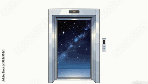 An Open Elevator Car Revealing a Glowing Starry Cosmic Sky, Surreal Minimalist Illustration With a Plain White Background