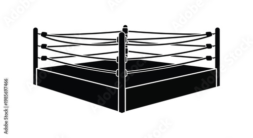 A stark black silhouette of a professional wrestling ring showcasing ropes and corner posts silhouette high quality detailed